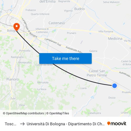 Toscanella to Università Di Bologna - Dipartimento Di Chimica ""G. Ciamician"" map