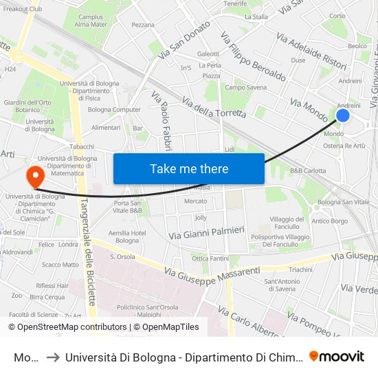 Mondo to Università Di Bologna - Dipartimento Di Chimica ""G. Ciamician"" map