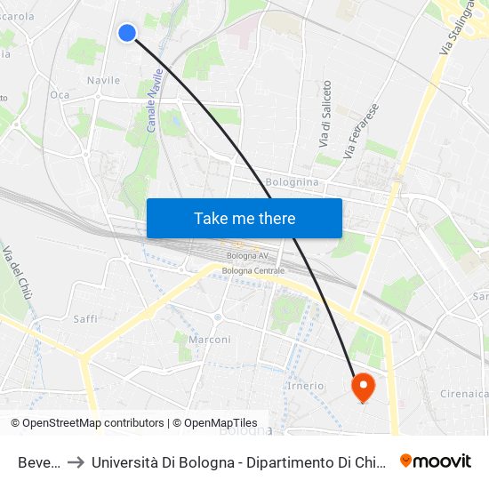 Beverara to Università Di Bologna - Dipartimento Di Chimica ""G. Ciamician"" map