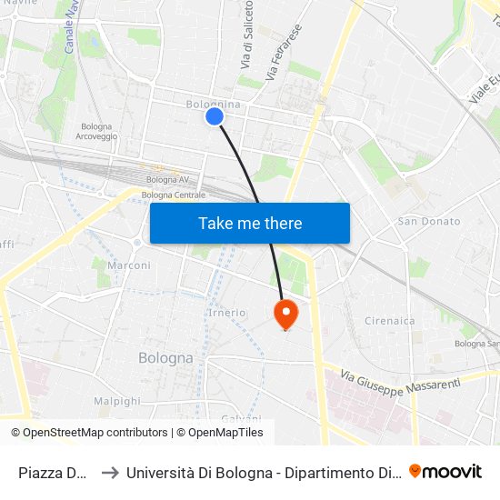 Piazza Dell`Unita` to Università Di Bologna - Dipartimento Di Chimica ""G. Ciamician"" map