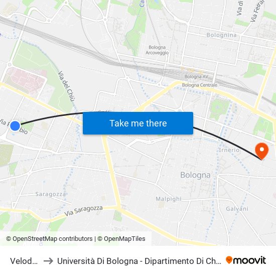 Velodromo to Università Di Bologna - Dipartimento Di Chimica ""G. Ciamician"" map