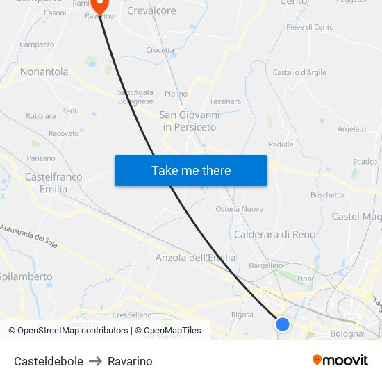 Casteldebole to Ravarino map