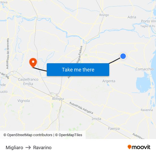 Migliaro to Ravarino map