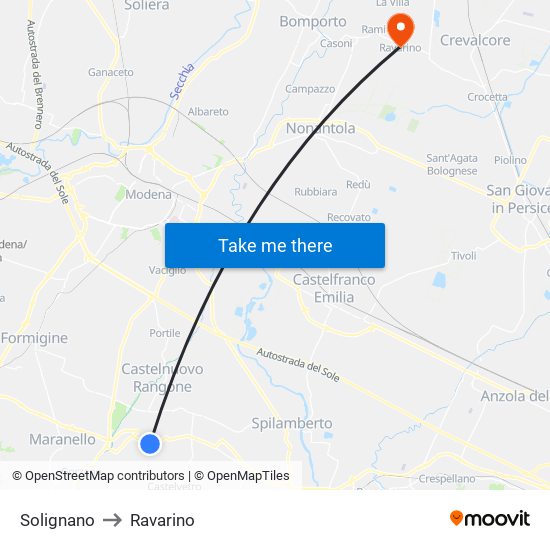 Solignano to Ravarino map