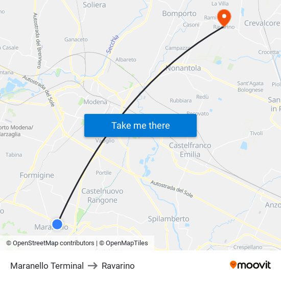 Maranello Terminal to Ravarino map