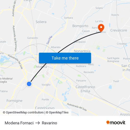 Modena Fornaci to Ravarino map