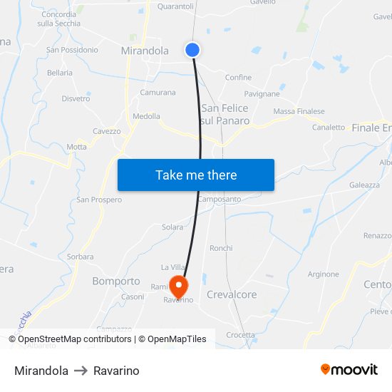 Mirandola to Ravarino map