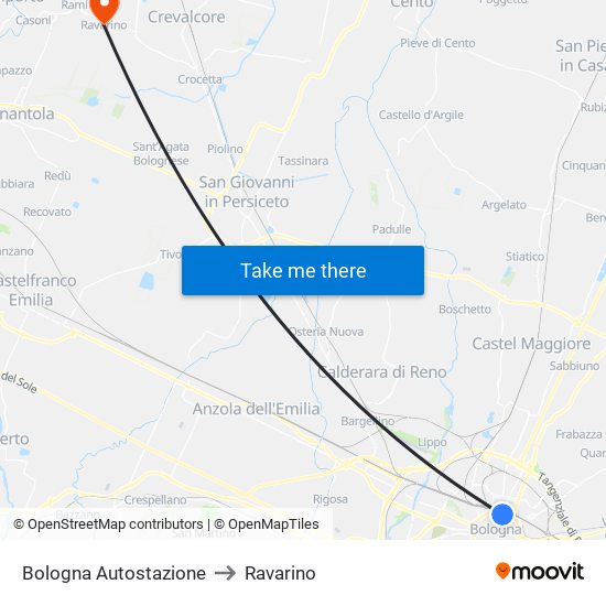 Bologna Autostazione to Ravarino map