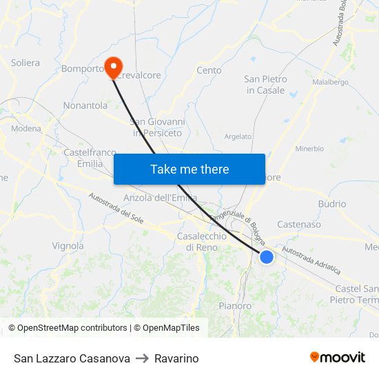 San Lazzaro Casanova to Ravarino map