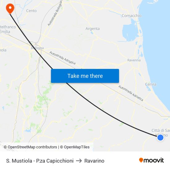 S. Mustiola - P.za Capicchioni to Ravarino map