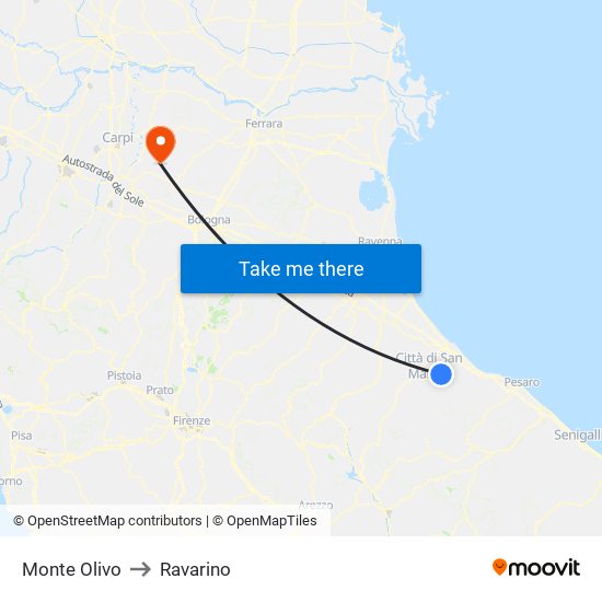 Monte Olivo to Ravarino map