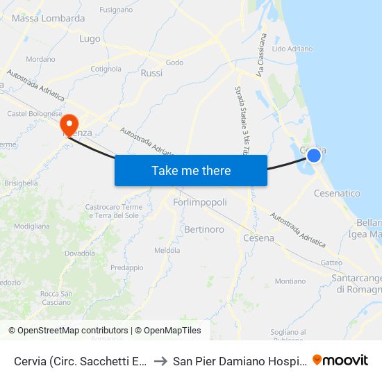 Cervia (Circ. Sacchetti Est) to San Pier Damiano Hospital map