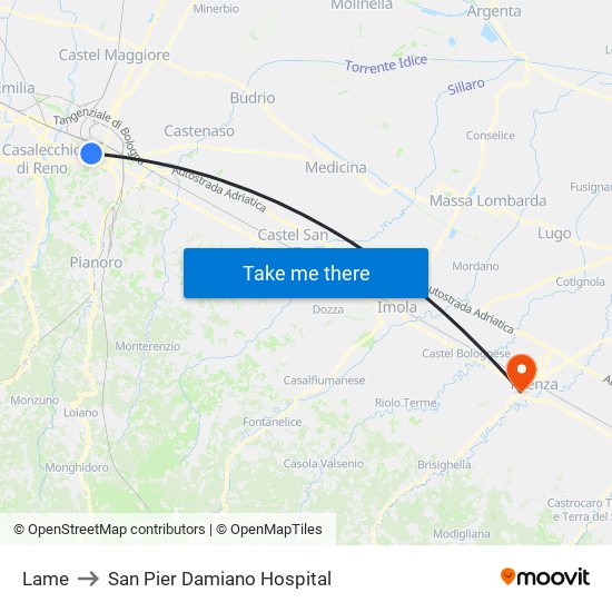 Lame to San Pier Damiano Hospital map