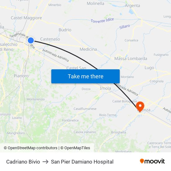 Cadriano Bivio to San Pier Damiano Hospital map