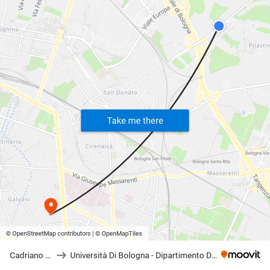 Cadriano Bivio to Università Di Bologna - Dipartimento Di Arti Visive map