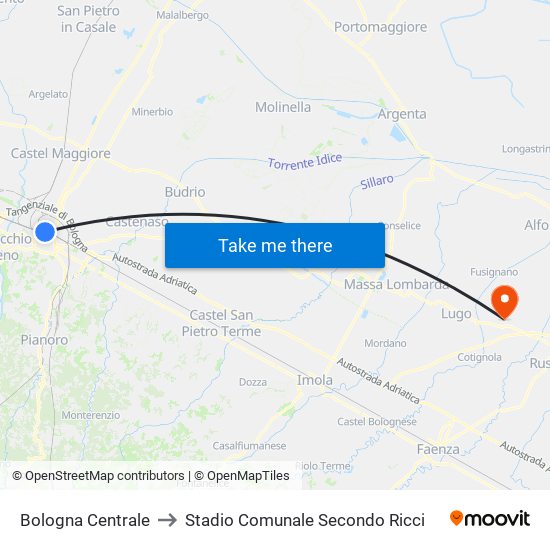 Bologna Centrale to Stadio Comunale Secondo Ricci map