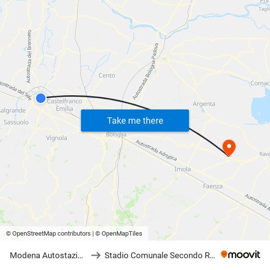 Modena  Autostazione to Stadio Comunale Secondo Ricci map