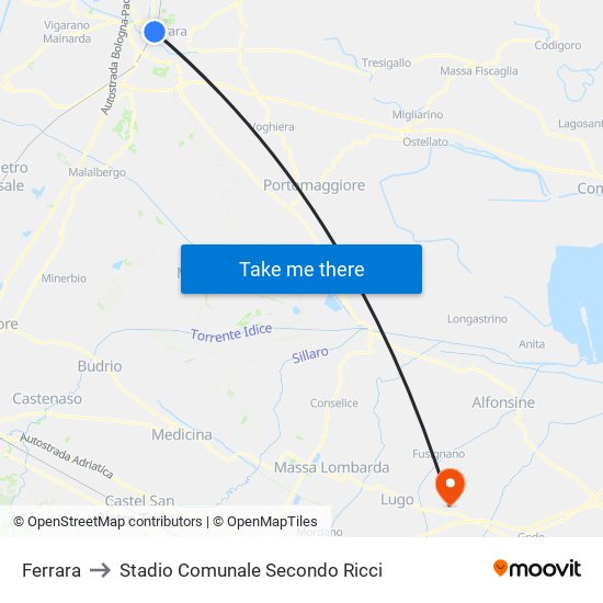 Ferrara to Stadio Comunale Secondo Ricci map