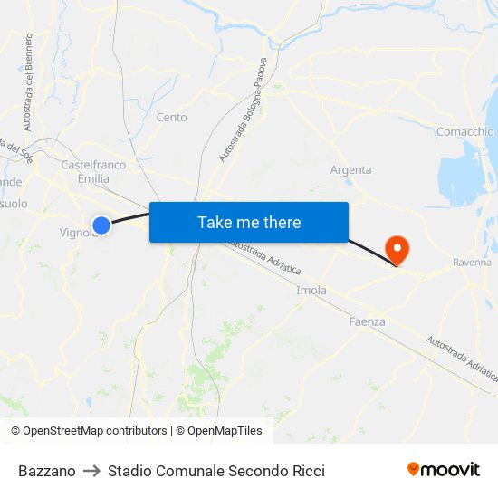 Bazzano to Stadio Comunale Secondo Ricci map