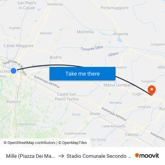 Mille (Piazza Dei Martiri) to Stadio Comunale Secondo Ricci map
