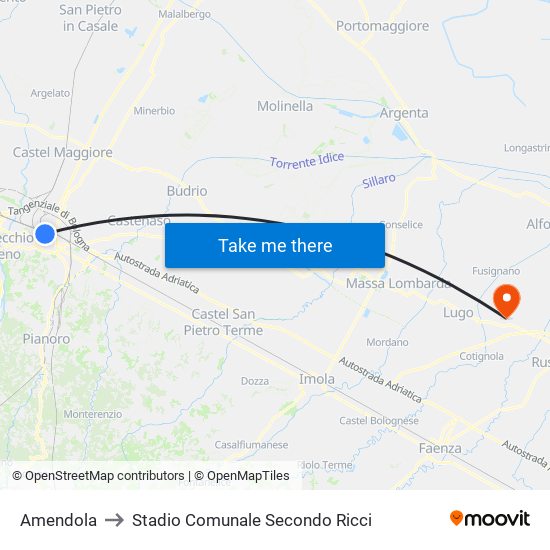 Amendola to Stadio Comunale Secondo Ricci map