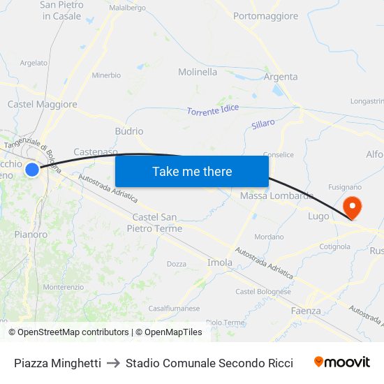 Piazza Minghetti to Stadio Comunale Secondo Ricci map