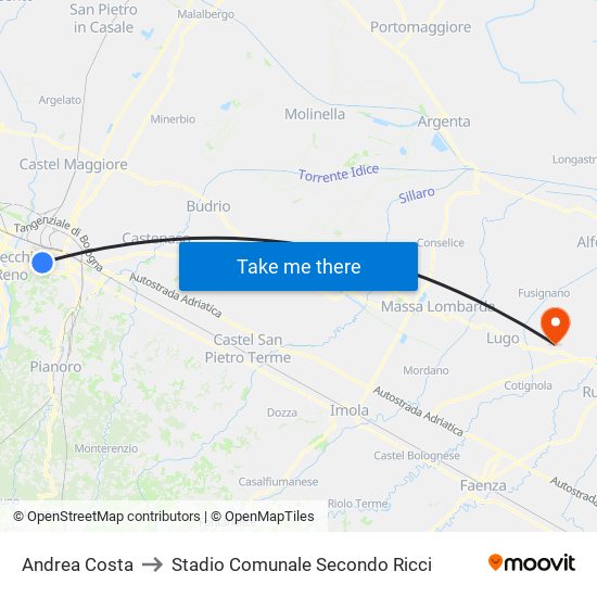 Andrea Costa to Stadio Comunale Secondo Ricci map
