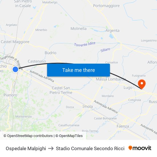 Ospedale Malpighi to Stadio Comunale Secondo Ricci map