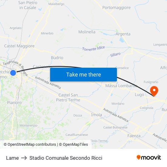 Lame to Stadio Comunale Secondo Ricci map