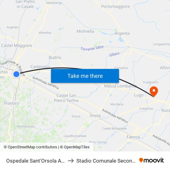 Ospedale Sant'Orsola Albertoni to Stadio Comunale Secondo Ricci map