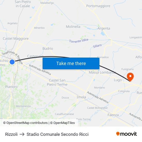 Rizzoli to Stadio Comunale Secondo Ricci map