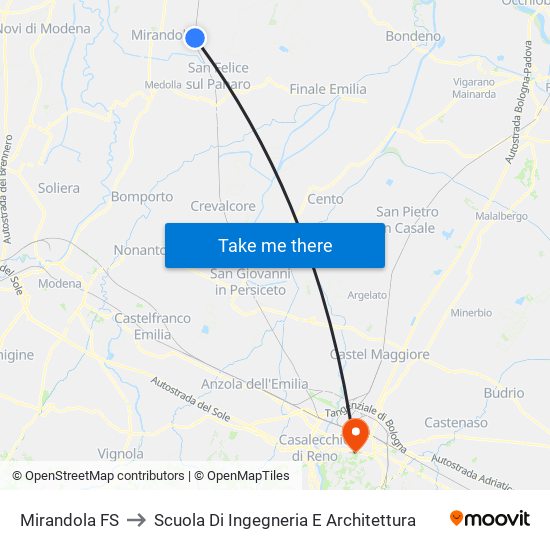 Mirandola FS to Scuola Di Ingegneria E Architettura map