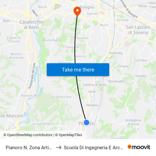 Pianoro N. Zona Artigianale to Scuola Di Ingegneria E Architettura map