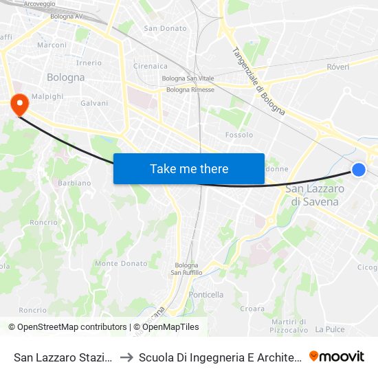 San Lazzaro Stazione to Scuola Di Ingegneria E Architettura map