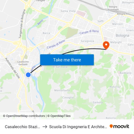 Casalecchio Stazione to Scuola Di Ingegneria E Architettura map
