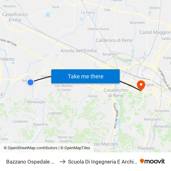 Bazzano Ospedale Nuovo to Scuola Di Ingegneria E Architettura map