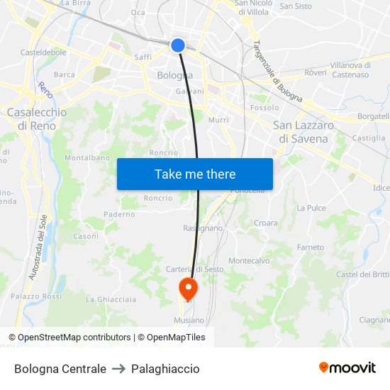 Bologna Centrale to Palaghiaccio map