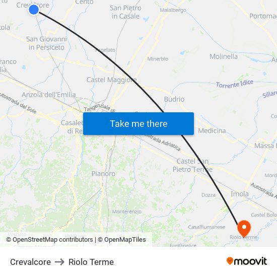 Crevalcore to Riolo Terme map