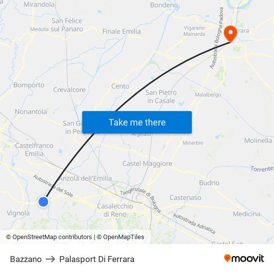 Bazzano to Palasport Di Ferrara map