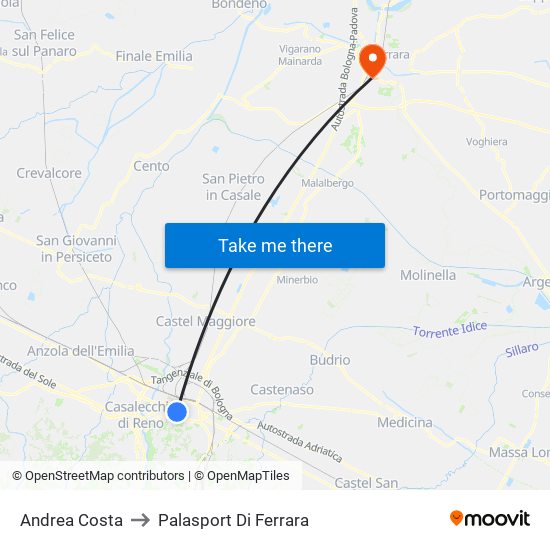 Andrea Costa to Palasport Di Ferrara map