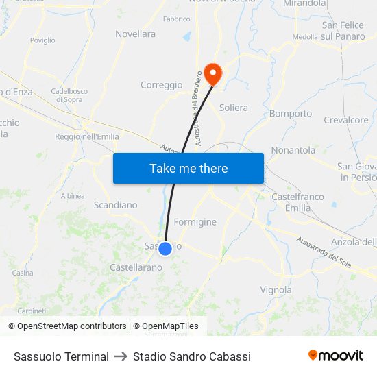 Sassuolo Terminal to Stadio Sandro Cabassi map