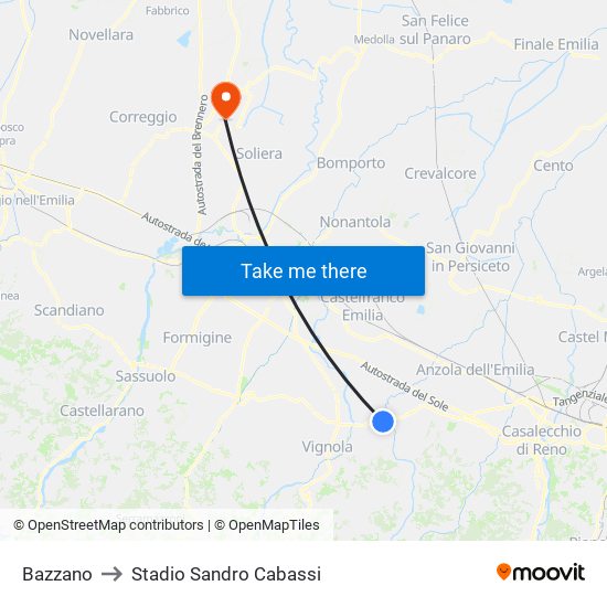 Bazzano to Stadio Sandro Cabassi map