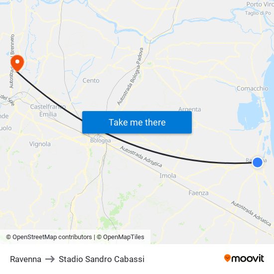 Ravenna to Stadio Sandro Cabassi map