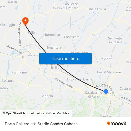 Porta Galliera to Stadio Sandro Cabassi map