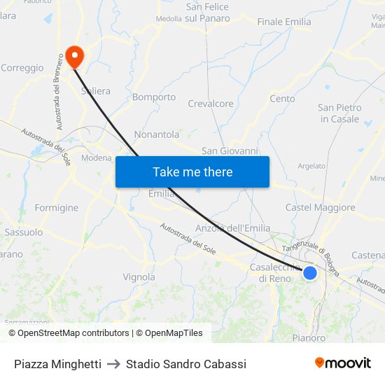 Piazza Minghetti to Stadio Sandro Cabassi map
