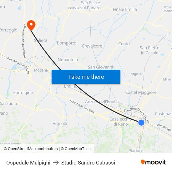 Ospedale Malpighi to Stadio Sandro Cabassi map