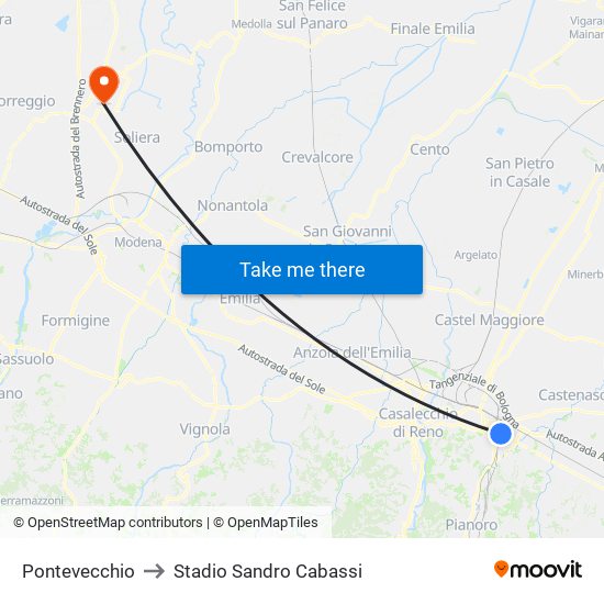 Pontevecchio to Stadio Sandro Cabassi map