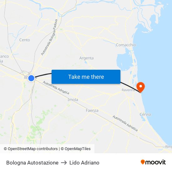 Bologna Autostazione to Lido Adriano map