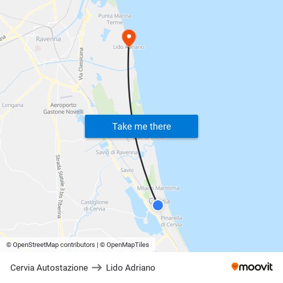 Cervia Autostazione to Lido Adriano map