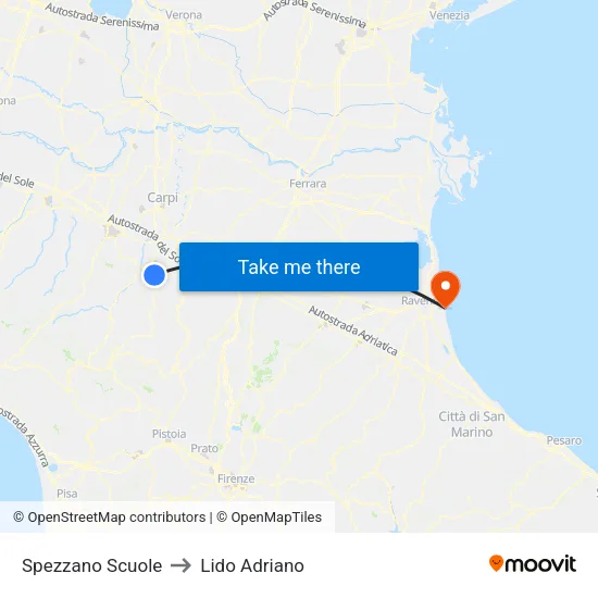 Spezzano Scuole to Lido Adriano map